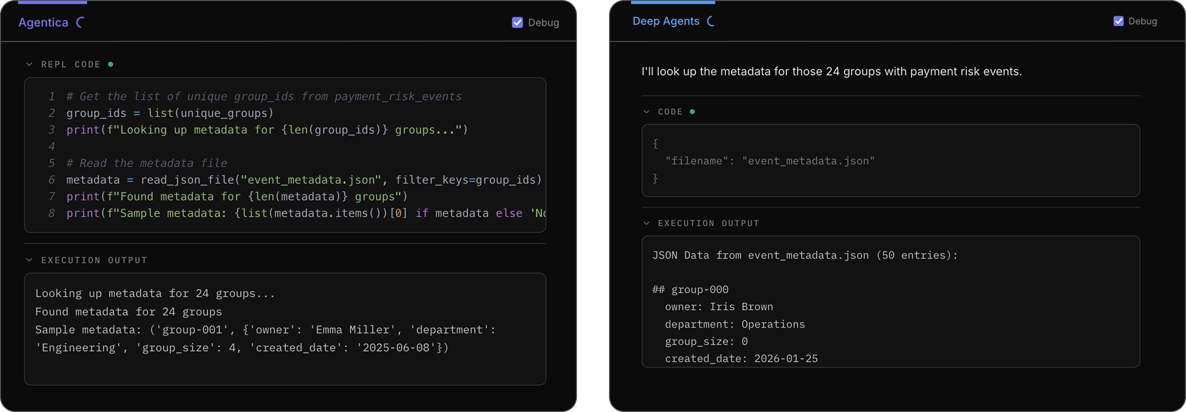 Demonstration of how the two agents perform tool calls to answer the question. The Agentica SDK agent uses the Python REPL and Deep Agents reads the result of its tool call.